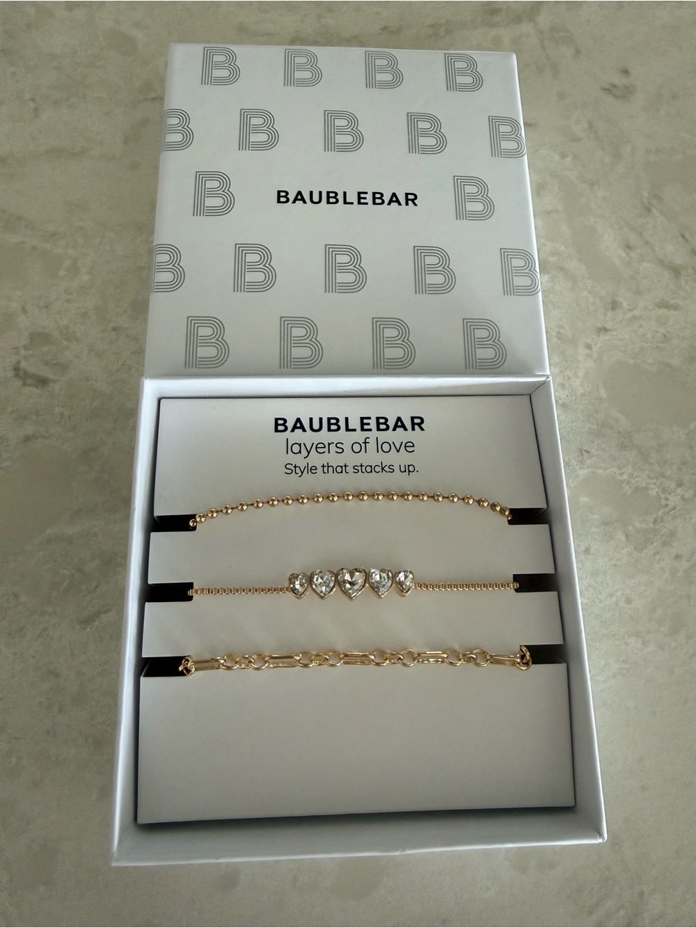 BaubleBar Layers of Love 3-Piece Bracelet Set Crystal Heart Gold Tone